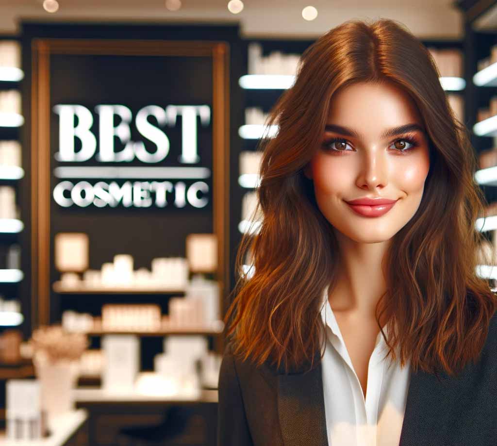 a young woman in the 'Best Cosmetic' beauty shop